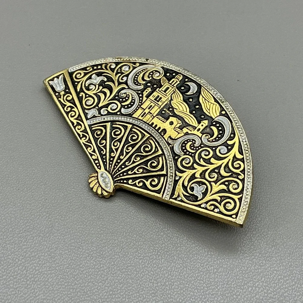 Gold Tone Fan Brooch Pin Damascene Cityscape Black Enamel Costume Jewelry 2